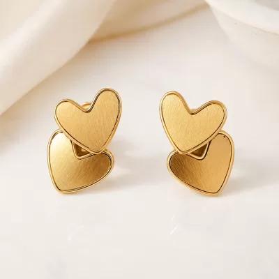 JIYARA Double Heart Gold-Tone Stud Earrings