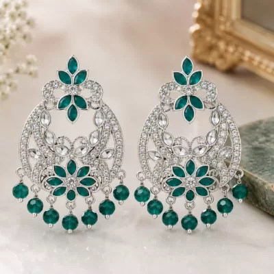 JIYARA Emerald Bloom Crystal Chandbali Earrings